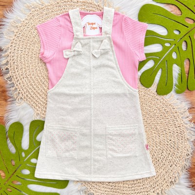 Conj. Blusa Ribana e Salopete em Linho com Strass - Rosa e Areia